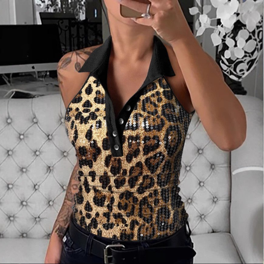 Ladies Sequin Leopard Print Polo Top Lune London
