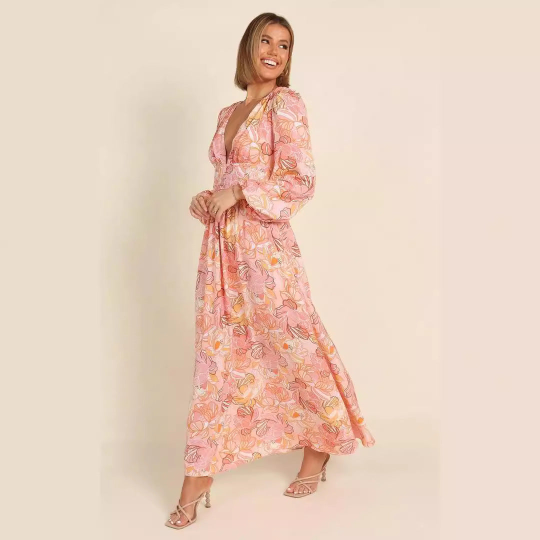 Floral print summer dress for women with deep V-neck and puff sleeves Lune London