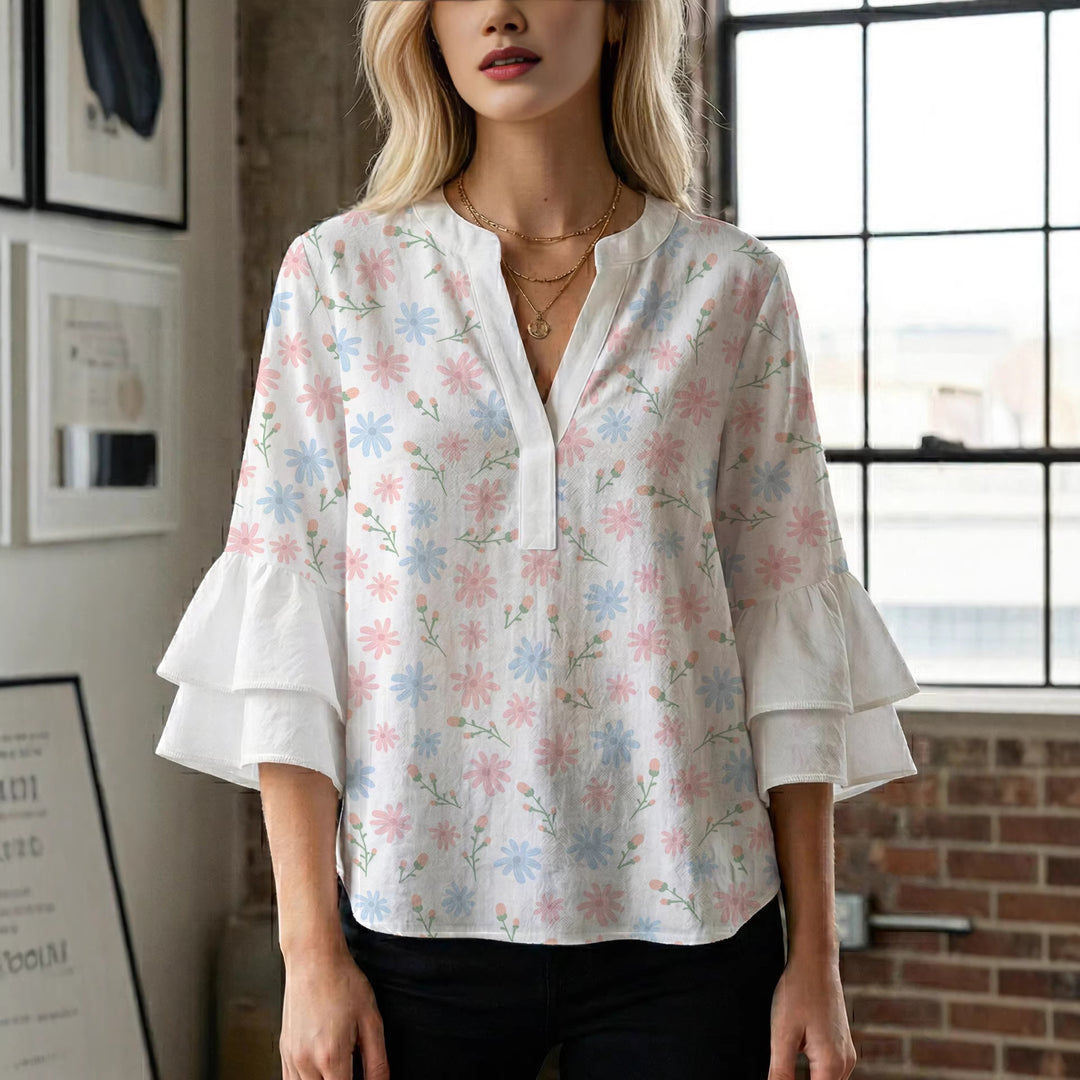 Women's blouse with voluminous wing sleeves and intense leaf pattern Lune London