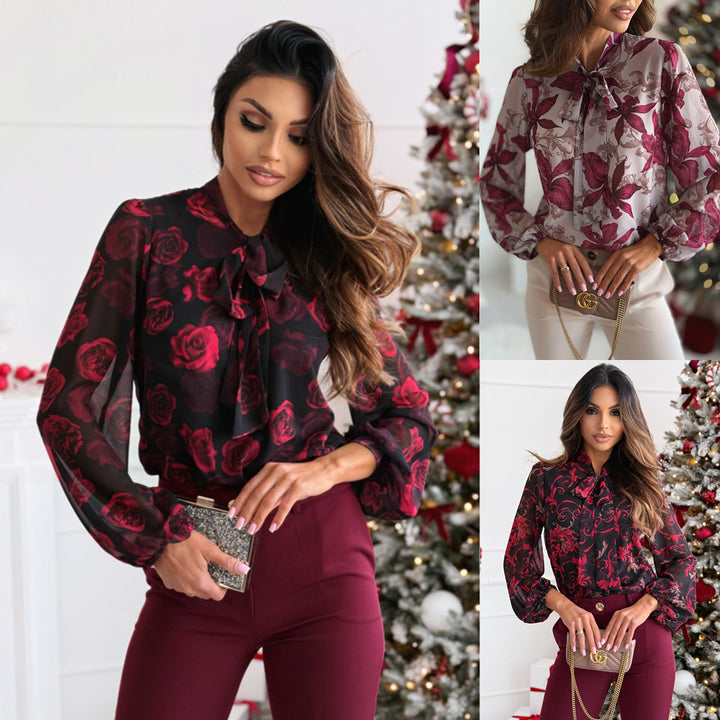 Transparent blouse for women with floral design and elegant knot collar Lune London