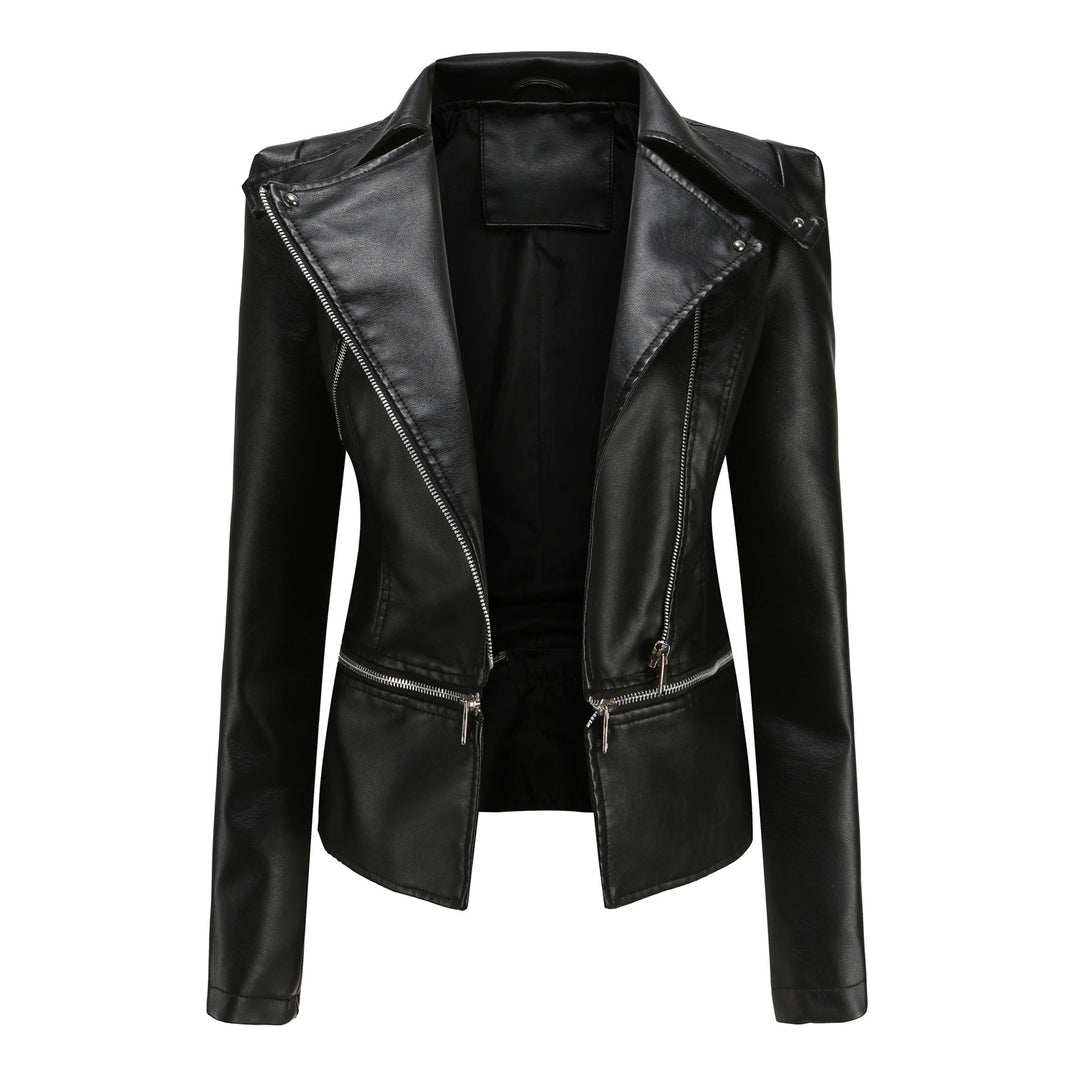 Stylish women's biker jacket with asymmetrical zipper and integrated pockets Lune London