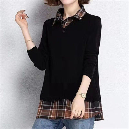 Women's layered knit pullover with V-neck and trendy blouse.
