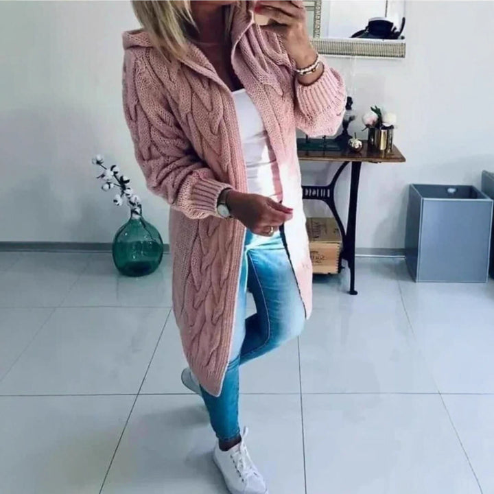 Thick knit jacket for women with an elegant cable pattern and a practical hood Lune London
