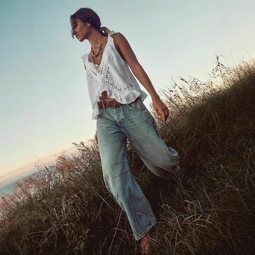Ladies airy linen crop top with ruffles Lune London