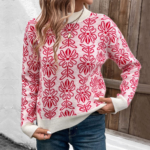 Knit sweater for women with floral patterns and an elegant high collar Lune London