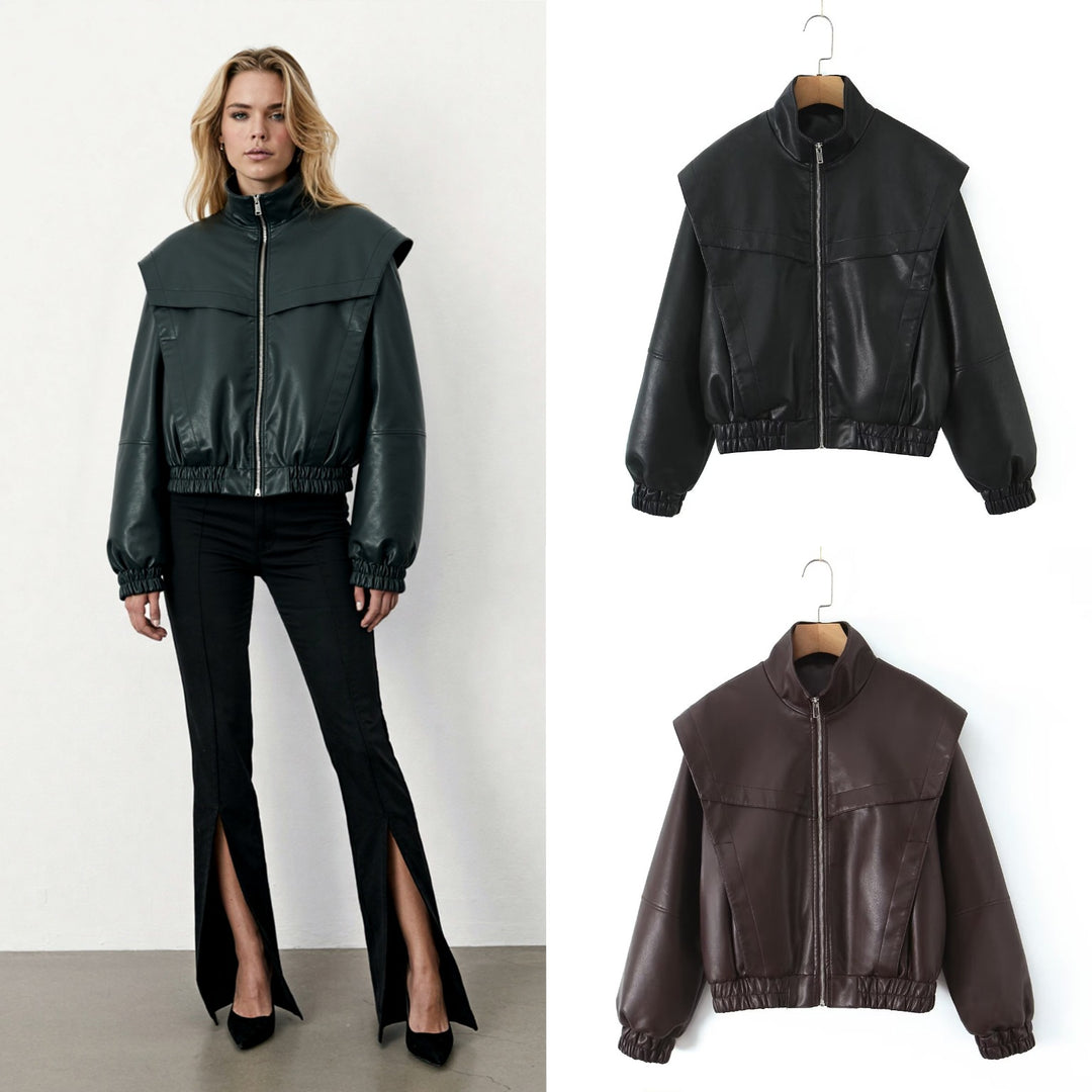 Elegant faux leather jacket for women with high collar Lune London