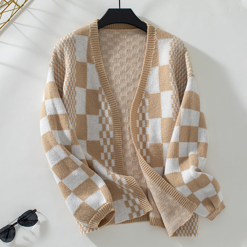 Lune London trendy check pattern casual cardigan for women