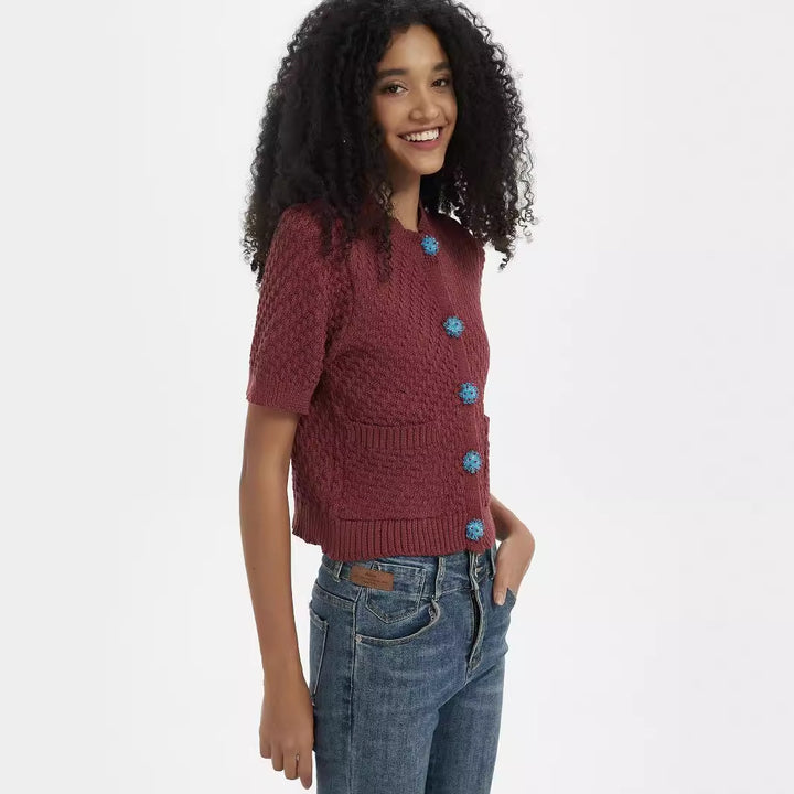 Knit jacket for women with an elaborate textured pattern and decorative buttons Lune London
