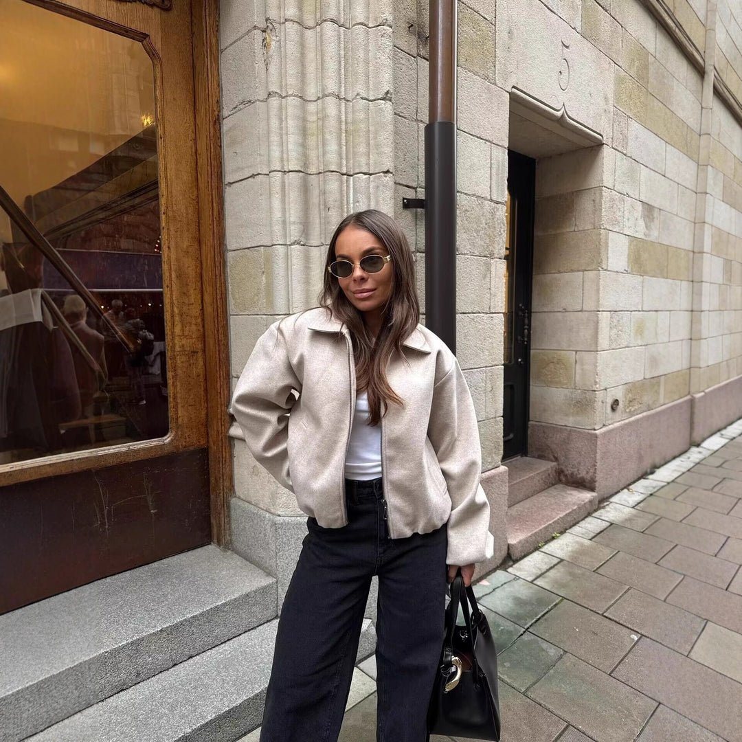 Fashion transitional jacket for women with a high collar and voluminous sleeves Lune London