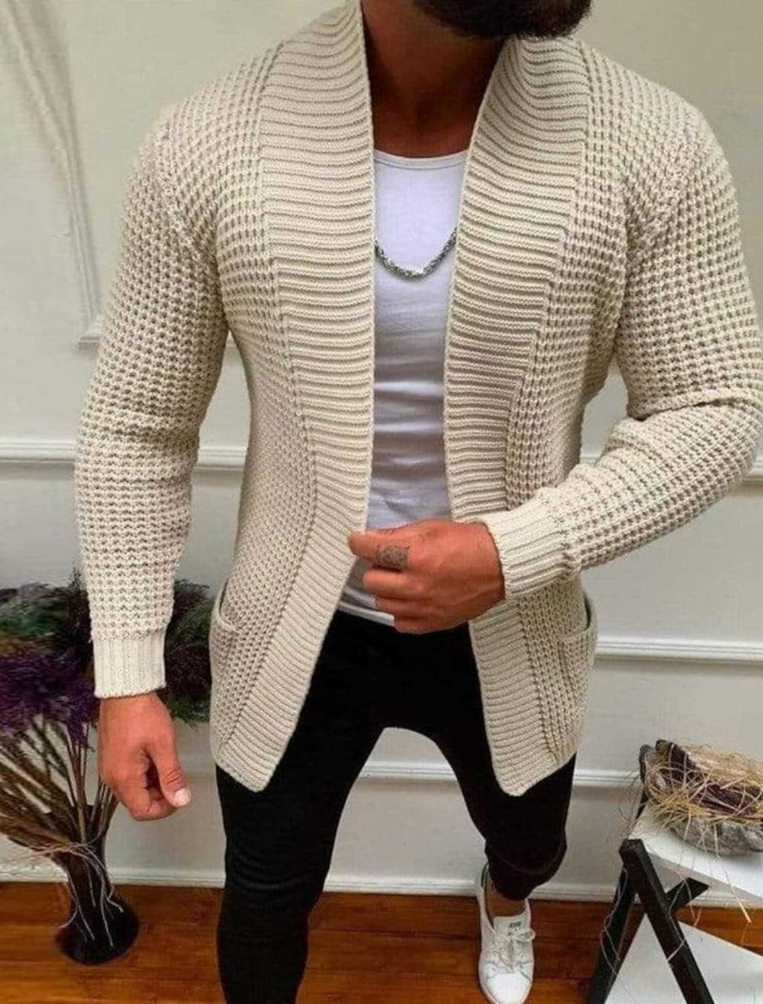 Men's knitted jacket with open design and deep collar Lune London