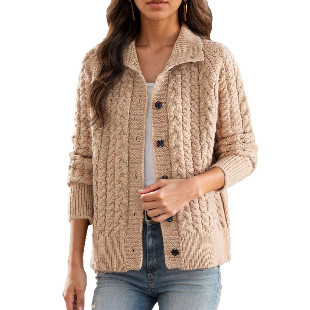 Thick knit jacket for women with decorative braid pattern and practical pockets Lune London