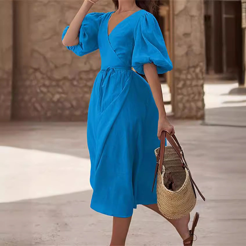 Maxi wrap dress for women with puff sleeves and a tie belt Lune London