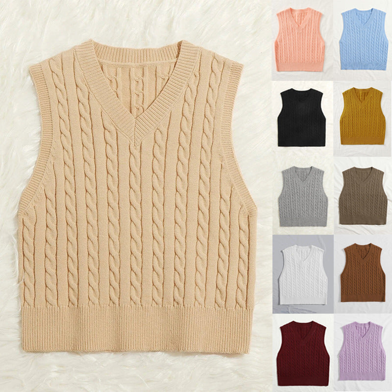 Knitted vest for women with V-neck and twisted pattern Lune London