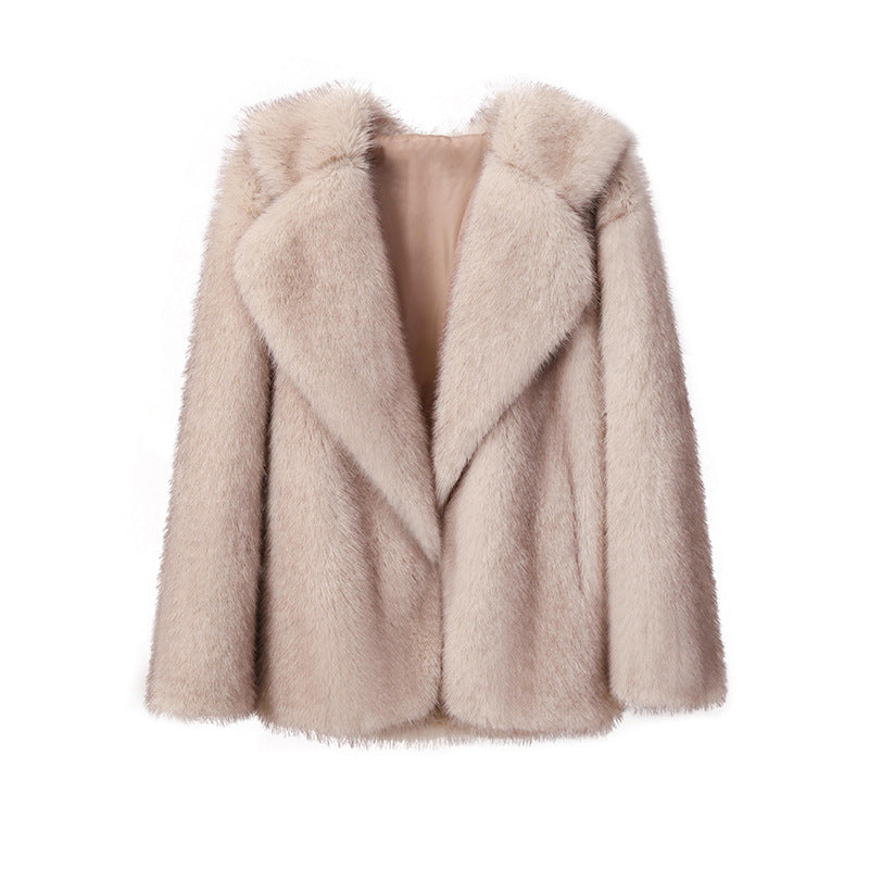 Ladies Elegant Synthetic Fur Jacket with Soft Collar and Trendy Chic Cut and Style