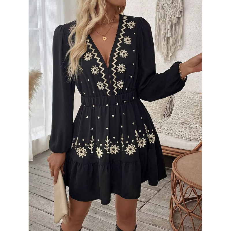 Mini dress for women with floral embroidery detail and waist belt Lune London
