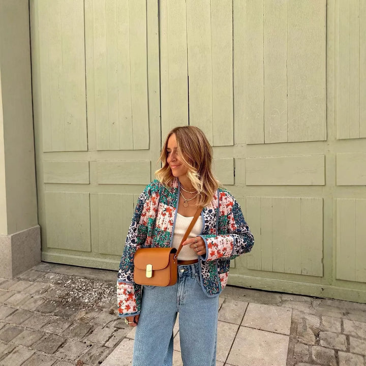 Fashion quilted jacket for women with a colorful floral patchwork design Lune London