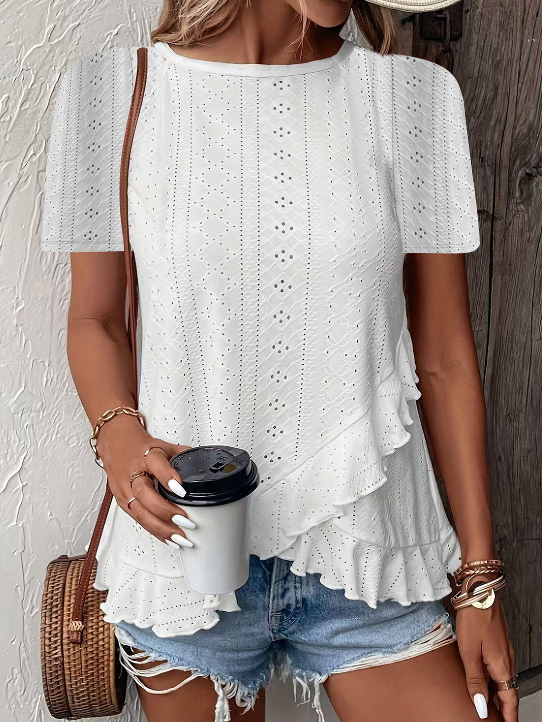 Blouse for women with ruffle details and a floral insert Lune London