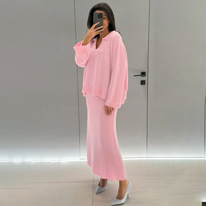 Modest knit set for ladies with a loose fit and deep V-neck Lune London