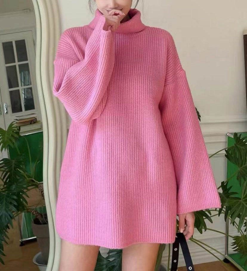 Ladies Long Knit Sweater with High Collar and Flared Sleeves Lune London