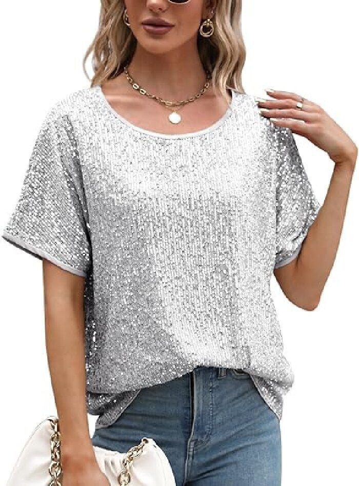 Women Glamorous Sequin Top with Wide Sleeves and Loose Fit Lune London