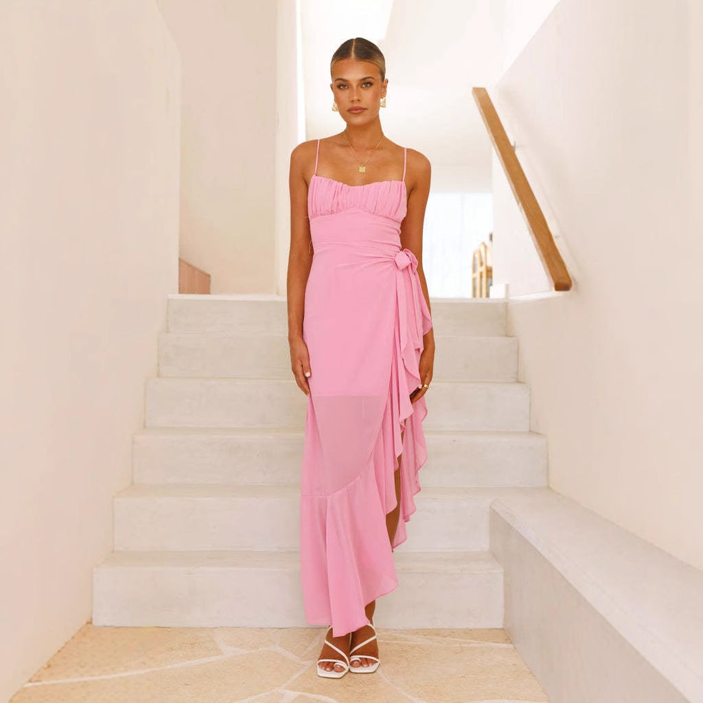 Elegant Maxi Dress for Women with Asymmetric Cut and Chic Ruffles & Style
