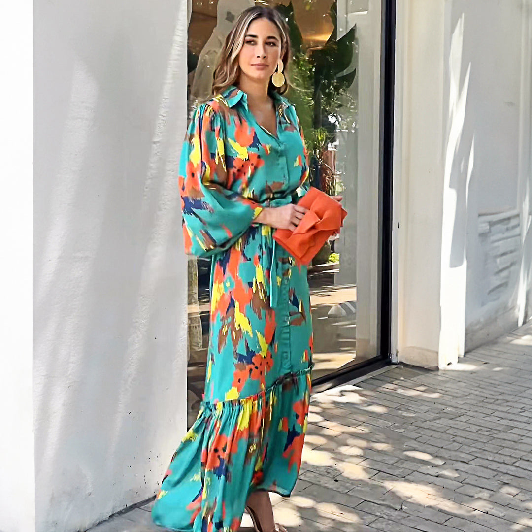 Airy maxi dress for women with a colorful graphic design and elegant ruffle details Lune London