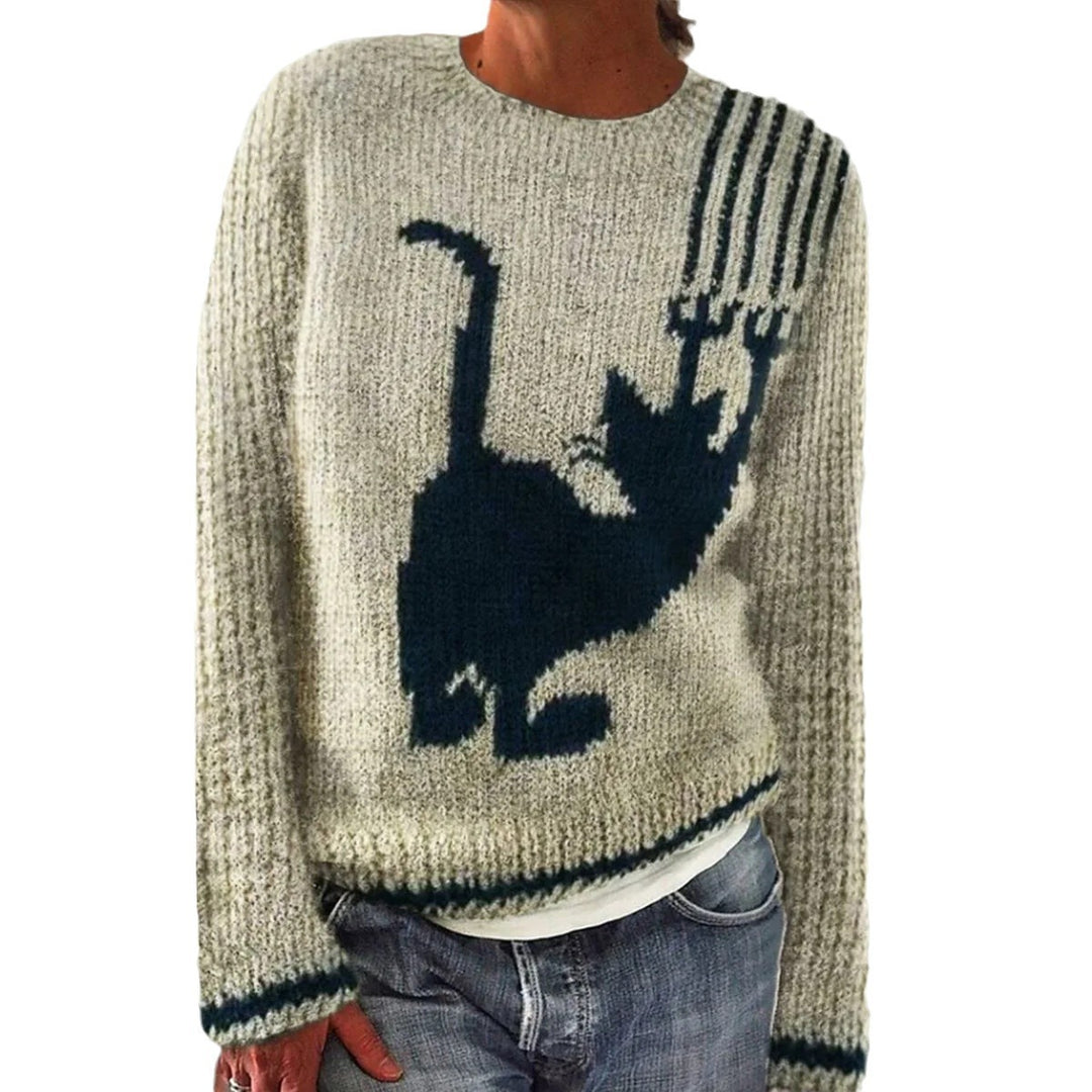 Pull confortable pour femmes avec motif renard et manches rayées Chic & Stil
