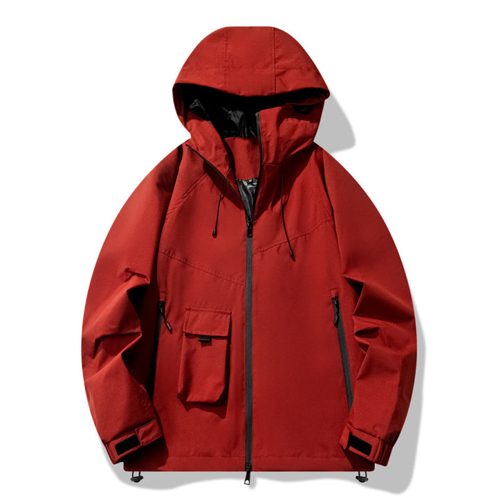 Outdoor technical jacket for men with water-repellent material and adjustable hood design Lune London