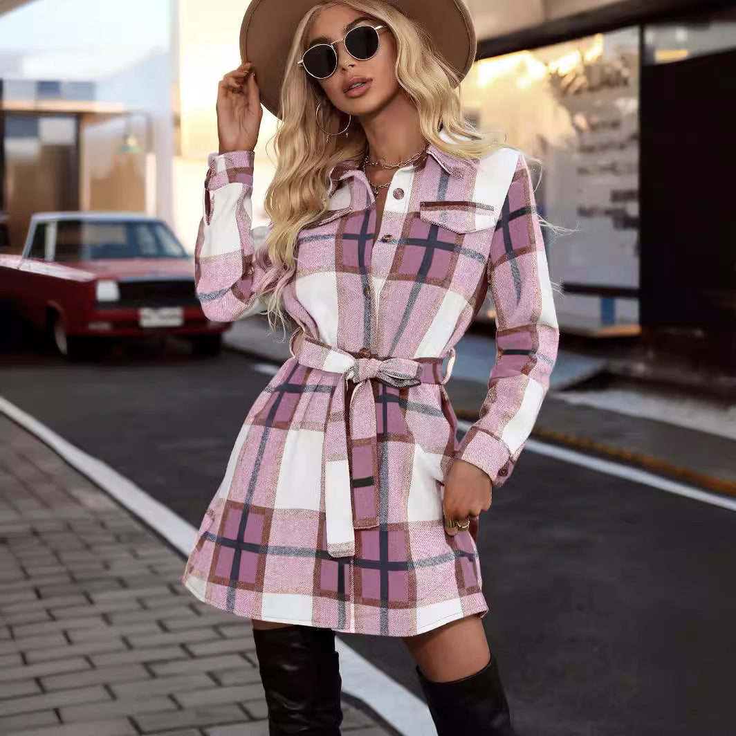 Checkered shirt dress for women with a belt at the waist and chest pockets Lune London