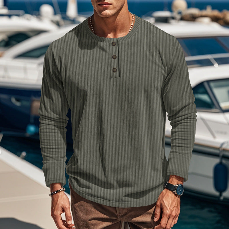 Men's Long Sleeve Henley T-Shirt in Lightweight Ribbed Fabric with Button Placket Lune London
