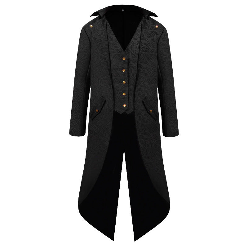 Victorian high collar coat for women with a detailed pattern and faux leather accents Lune London