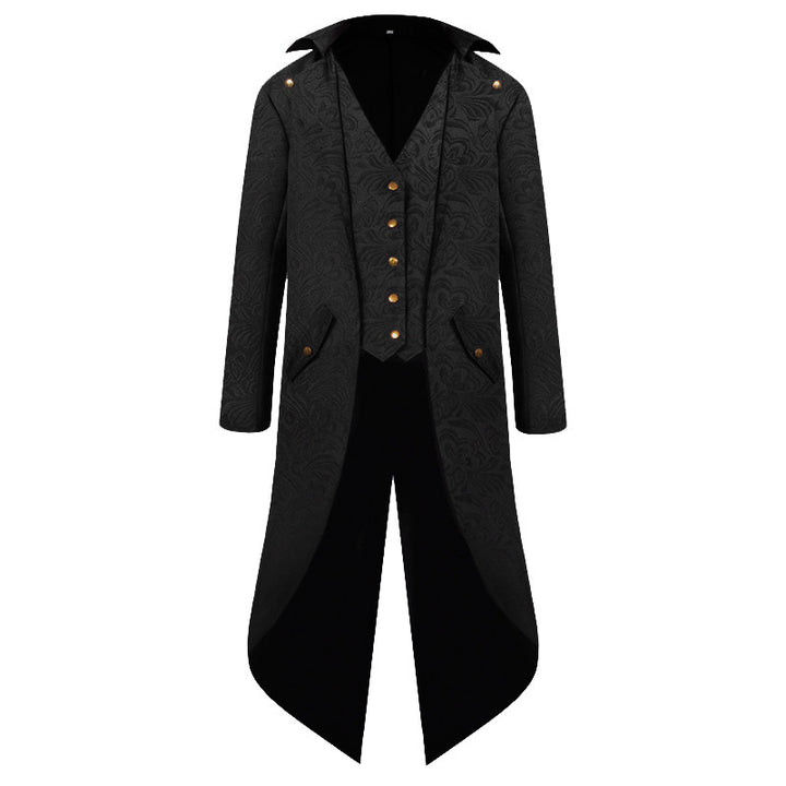 Victorian high collar coat for women with a detailed pattern and faux leather accents Lune London