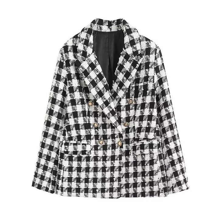 Women’s lined blazer jacket with plaid pattern and practical pockets Lune London