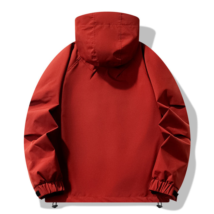 Outdoor technical jacket for men with water-repellent material and adjustable hood design Lune London