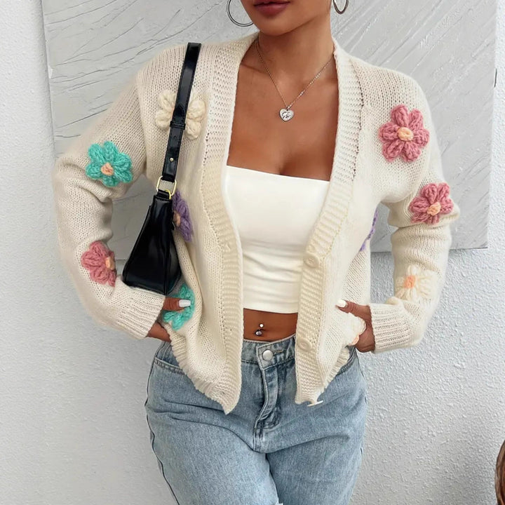 Ladies knit cardigan with hand-crocheted flower applications Lune London