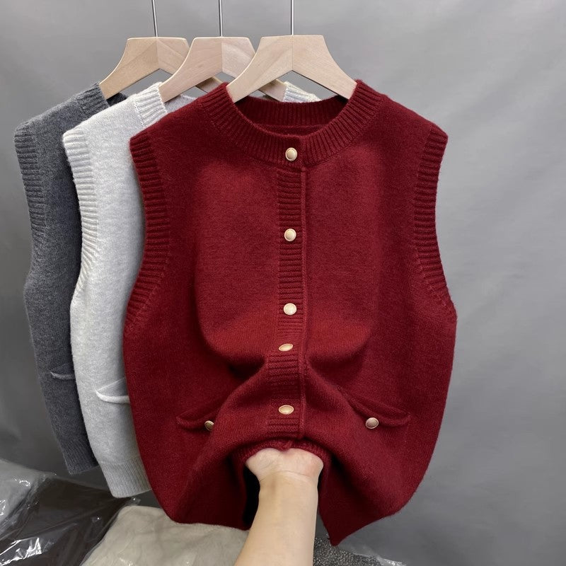 Knitted vest for women with button details and side pockets Lune London