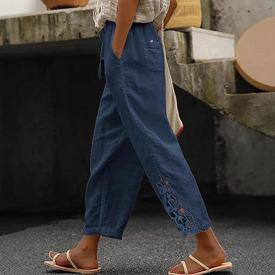 Airy linen trousers for ladies with decorative embroidery Lune London
