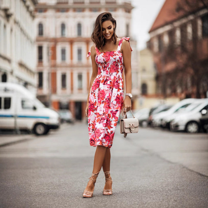 Smocked floral print summer dress for women with adjustable straps Lune London