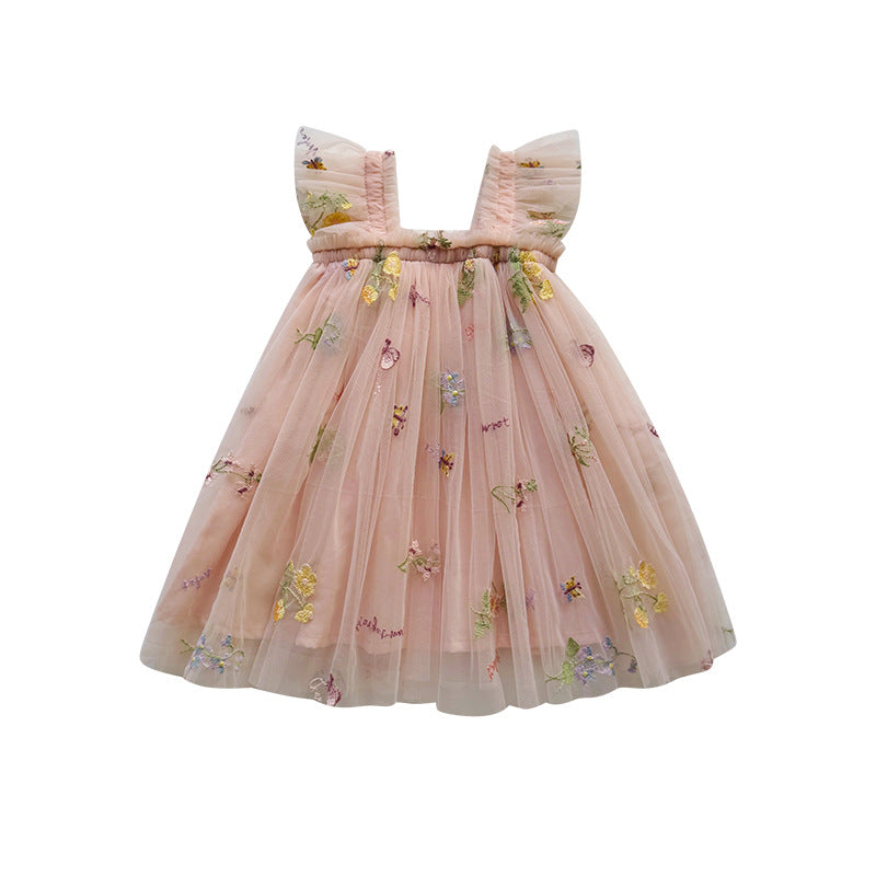 Girls Embroidered Tulle Party Dress with Ruffle Straps Lune London