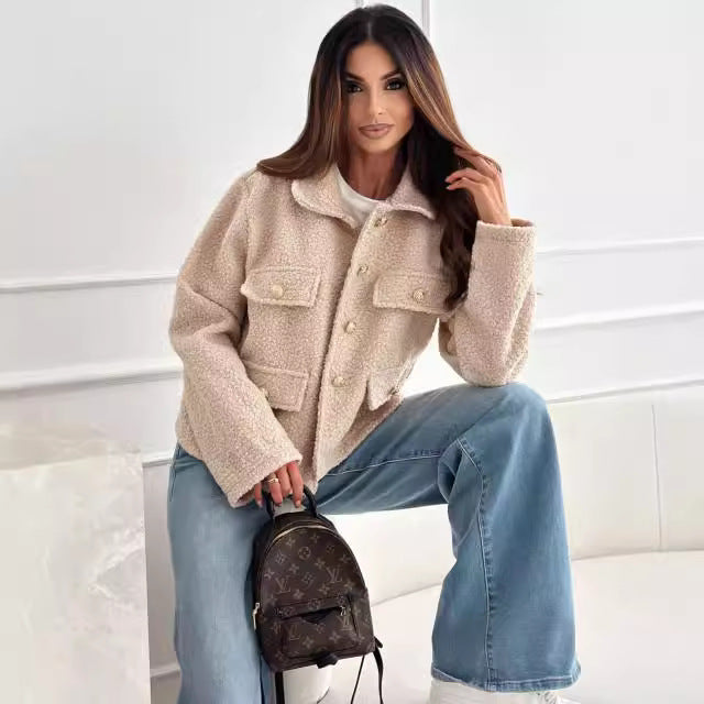 Teddy jacket for women with practical pockets and elegant button details Lune London