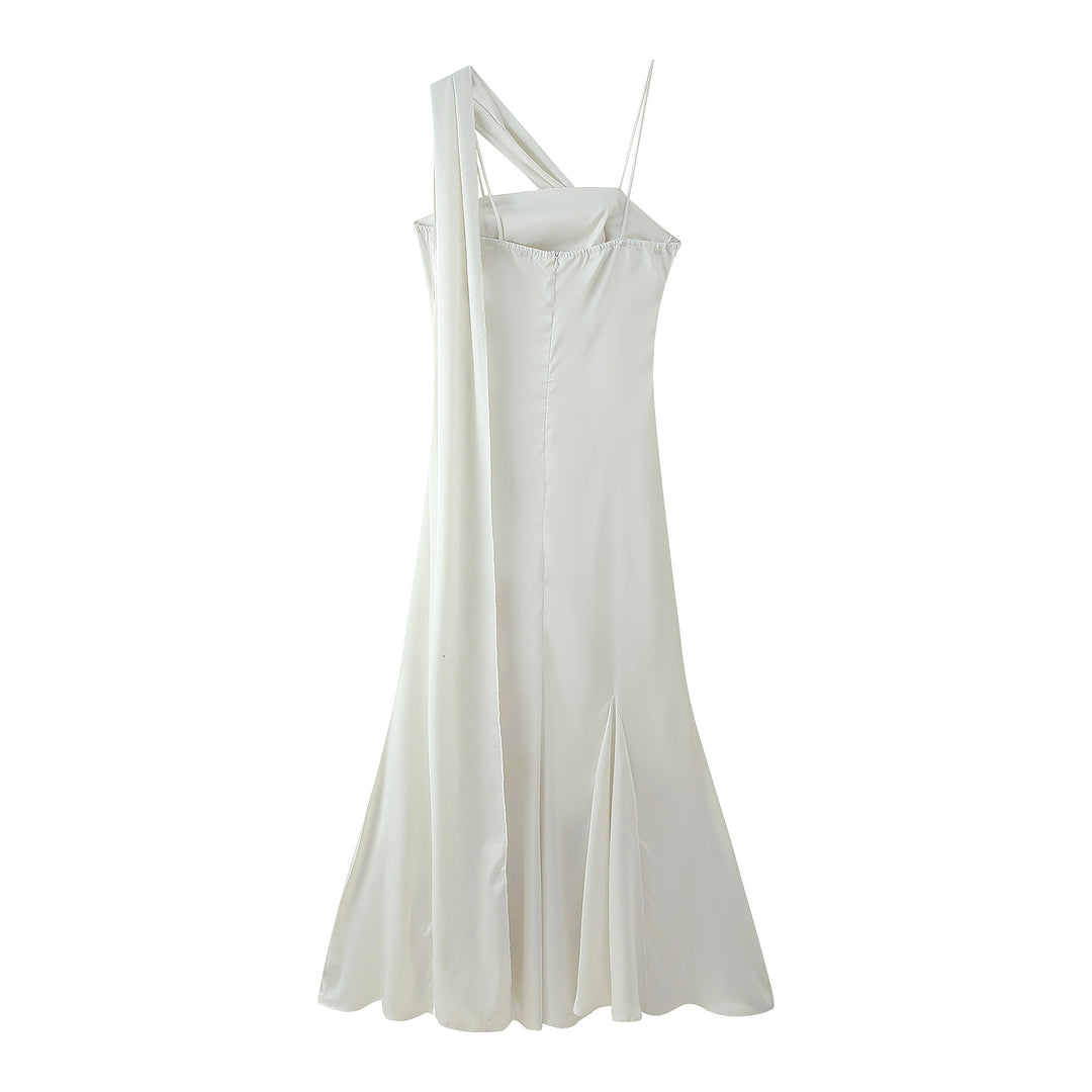 Maxi dress for women with asymmetric cut and elegant ruffle detail Lune London