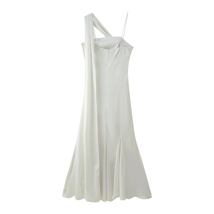 Maxi dress for women with asymmetric cut and elegant ruffle detail Lune London