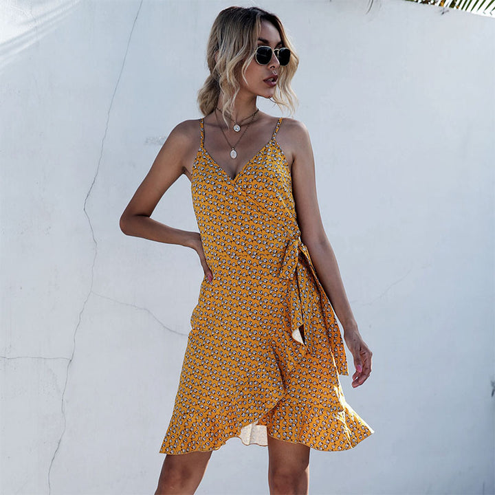 Wrap dress for women with frill trim and adjustable tie Lune London