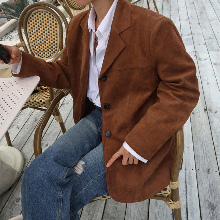Oversized suede blazer for women with stylish stitching details Lune London