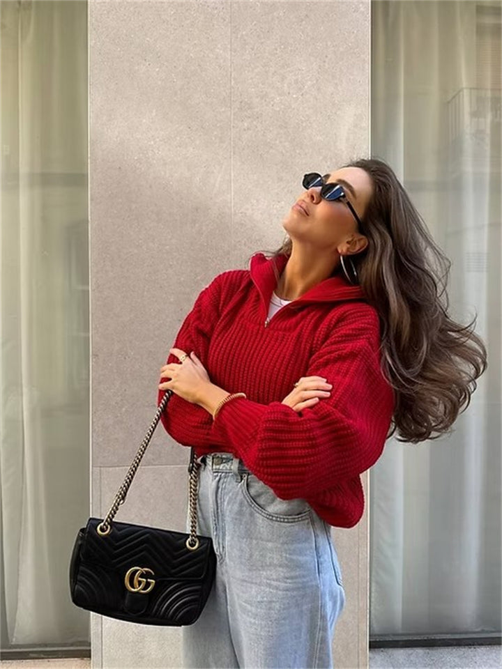 Women's thick knit sweater with high collar and zipper Lune London