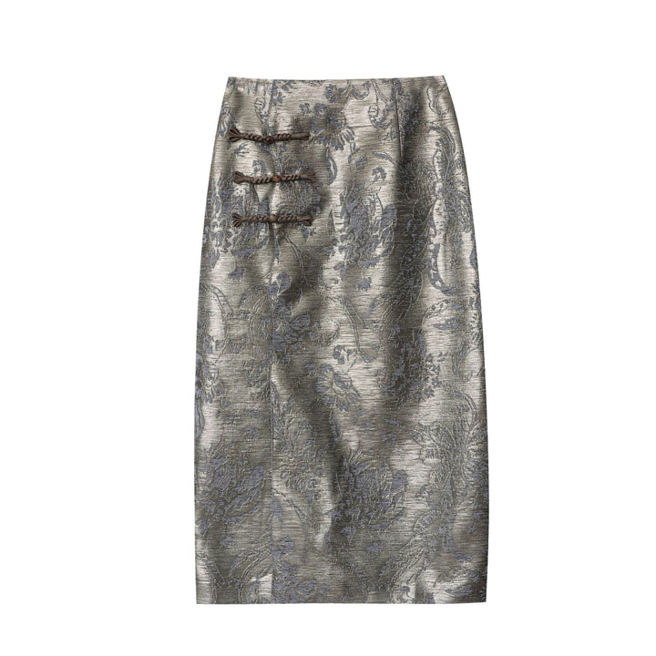 Women's Elegant Midi Skirt with Floral Motifs and Side Slit Chic & Stil