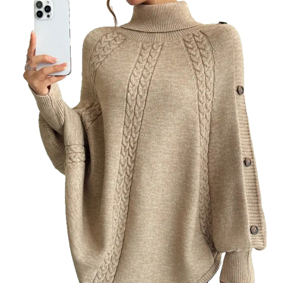 Ladies Elegant Knitted Poncho with Roll Neck and Chic 3D Pattern