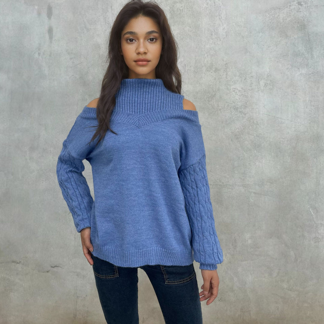 Women off-shoulder knit sweater with cable pattern and high collar Lune London