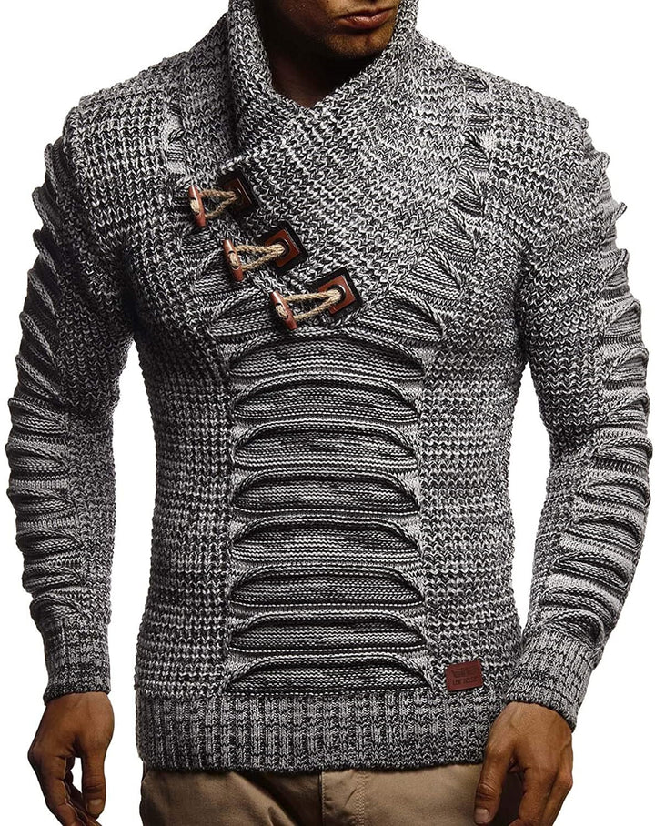 Chunky knit sweater for men with innovative shawl collar and rustic chic design