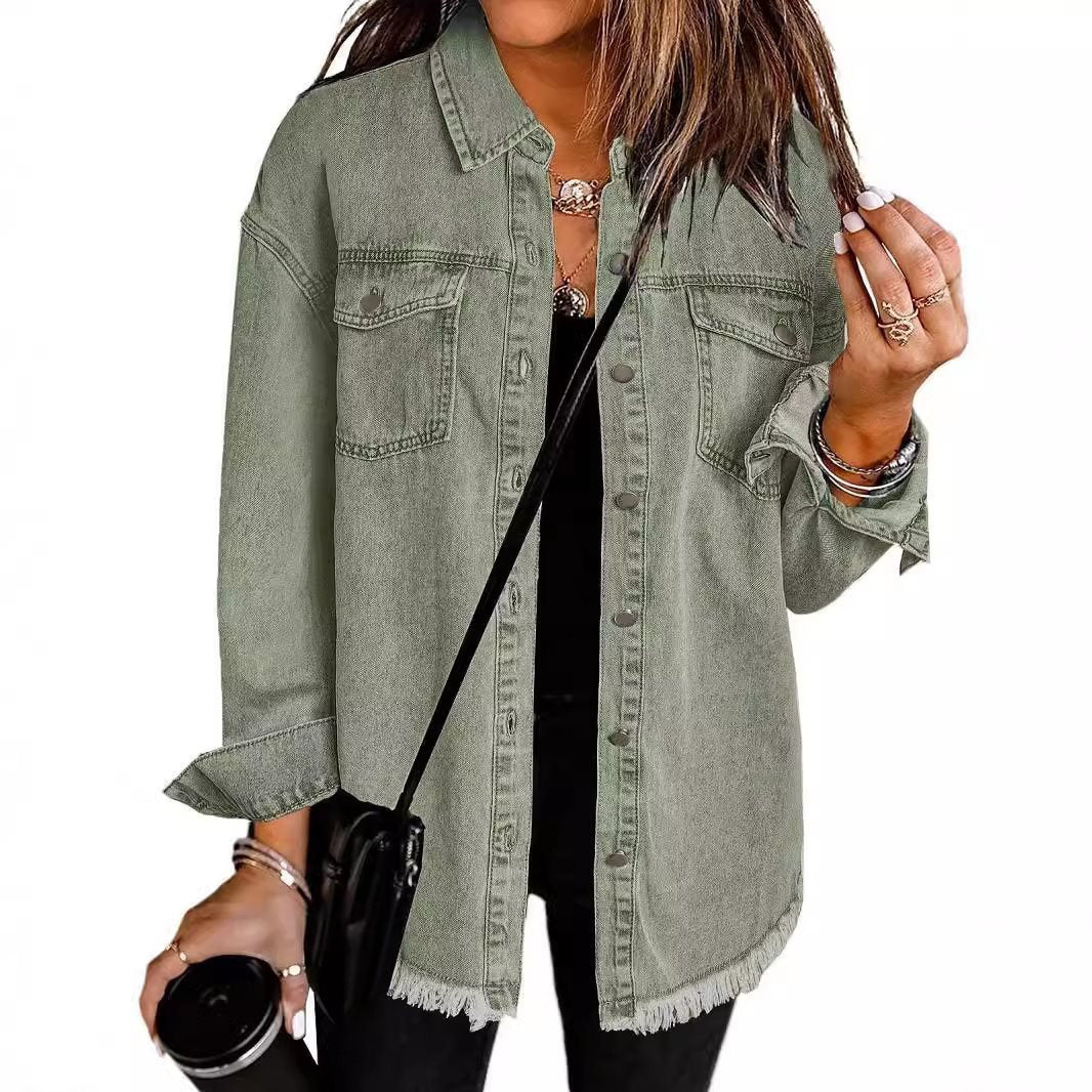 Women's denim shirt with frayed hem and practical pockets Lune London